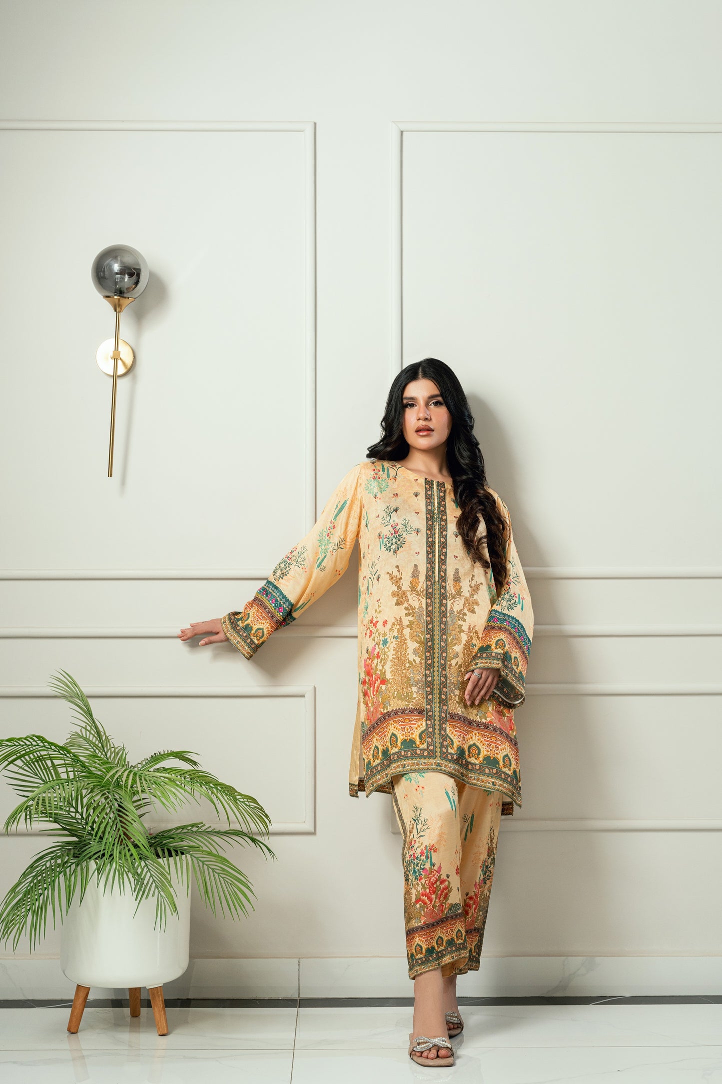 Amber Bloom - Golden beige & deep red printed 2 piece