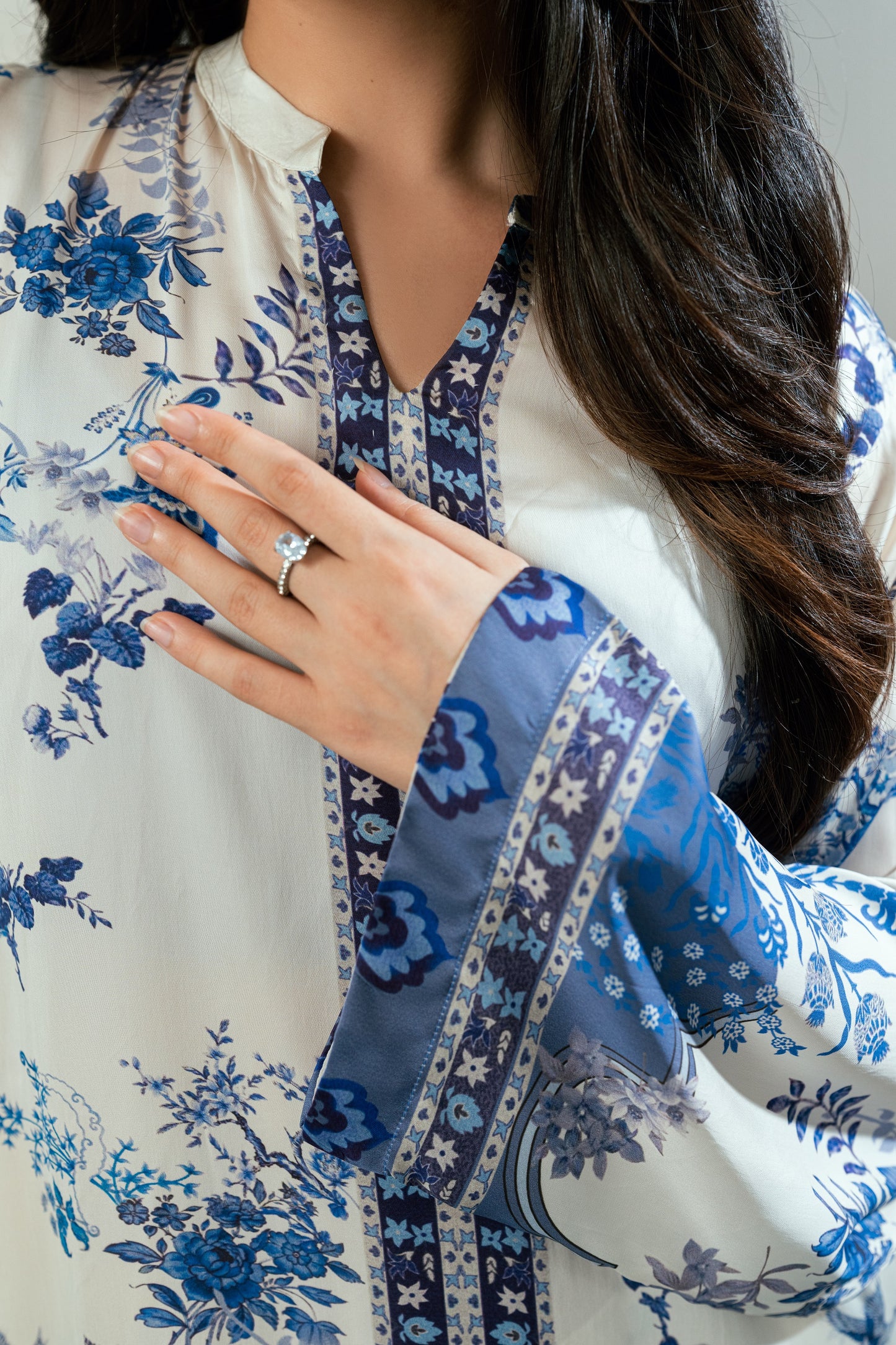 Ocean Bloom- Soft ivory & deep navy printed 2 piece