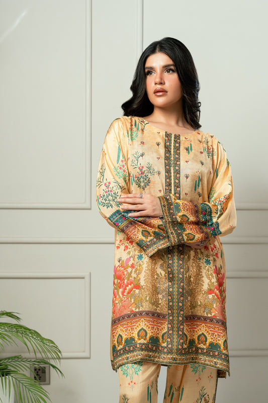 Amber Bloom - Golden beige & deep red printed 2 piece