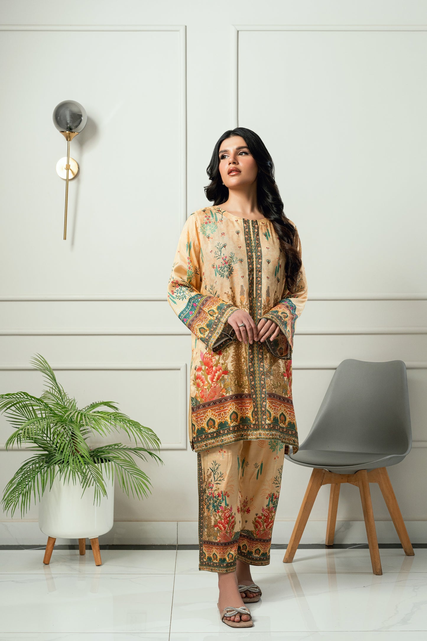 Amber Bloom - Golden beige & deep red printed 2 piece