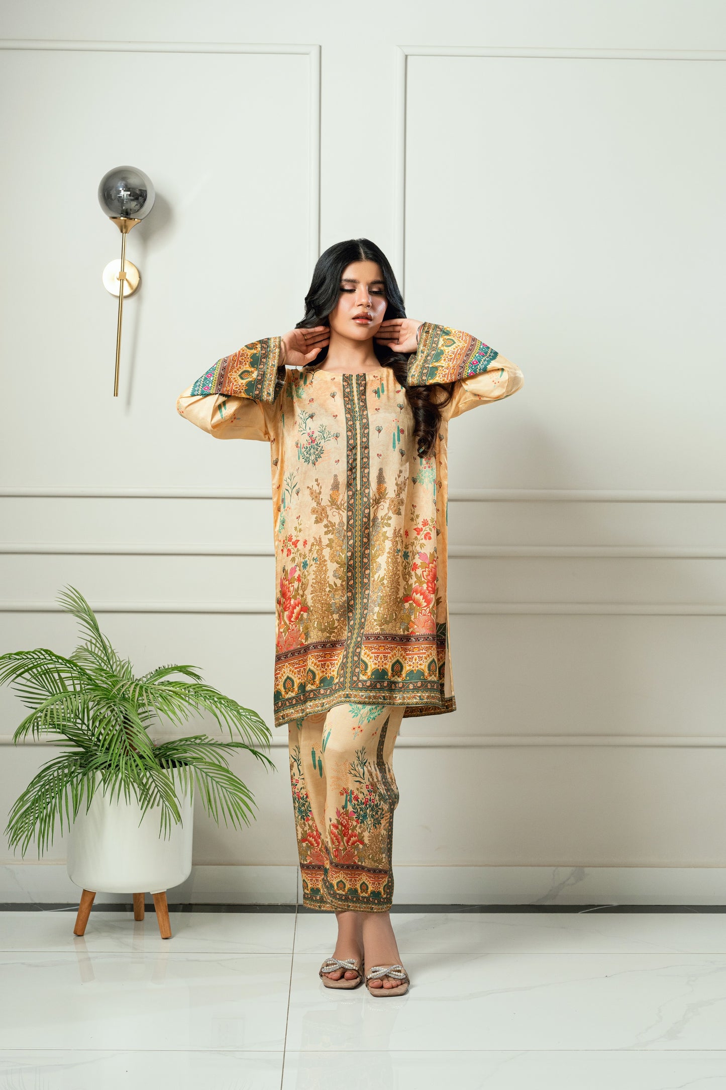 Amber Bloom - Golden beige & deep red printed 2 piece