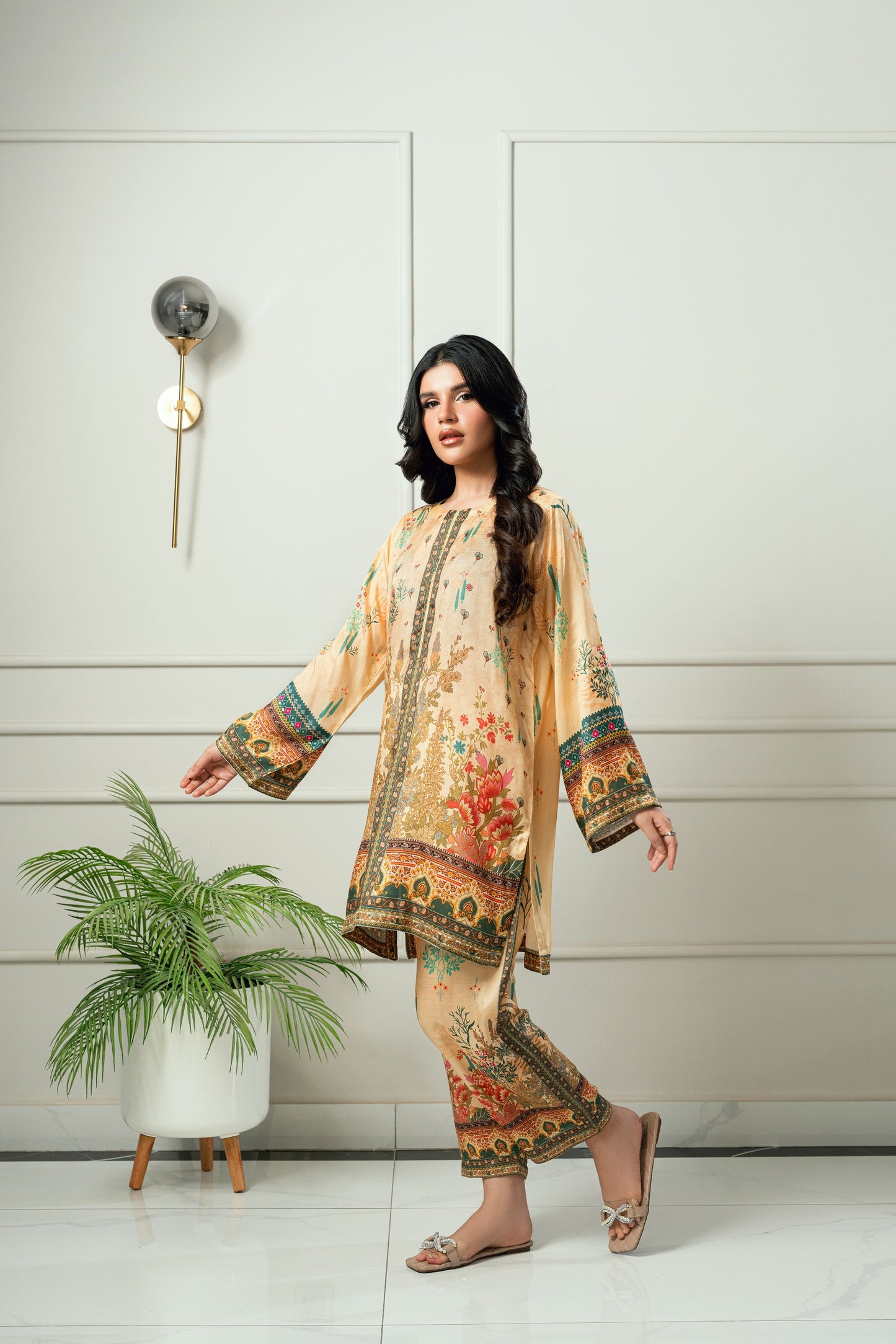 Amber Bloom - Golden beige & deep red printed 2 piece