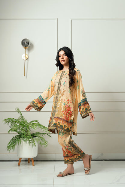 Amber Bloom - Golden beige & deep red printed 2 piece