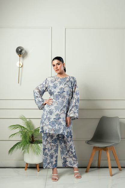 Blue Blossom- Ivory & powder blue printed 2 piece