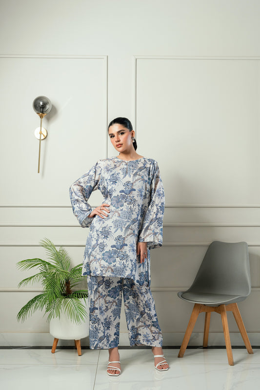 Blue Blossom- Ivory & powder blue printed 2 piece