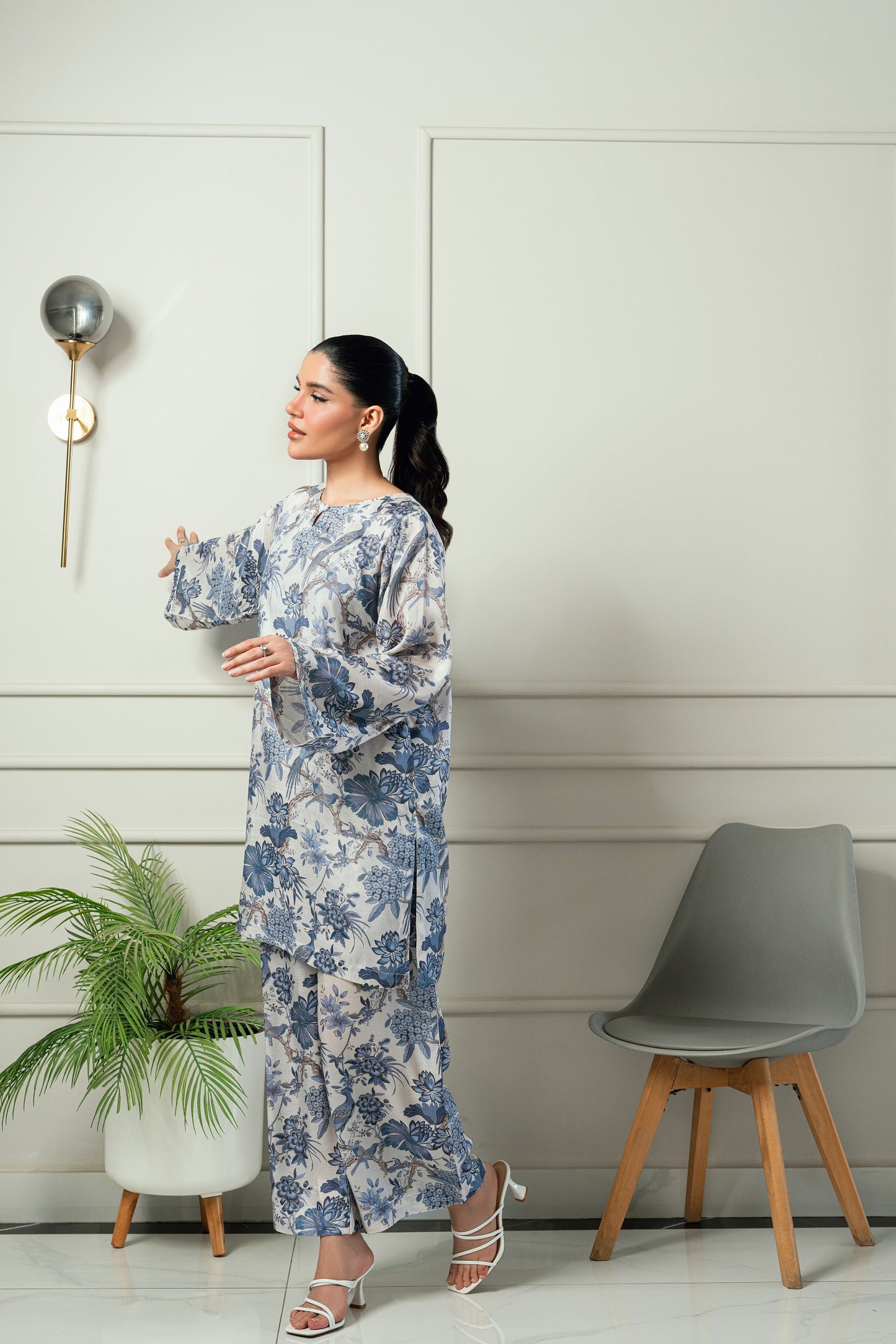 Blue Blossom- Ivory & powder blue printed 2 piece