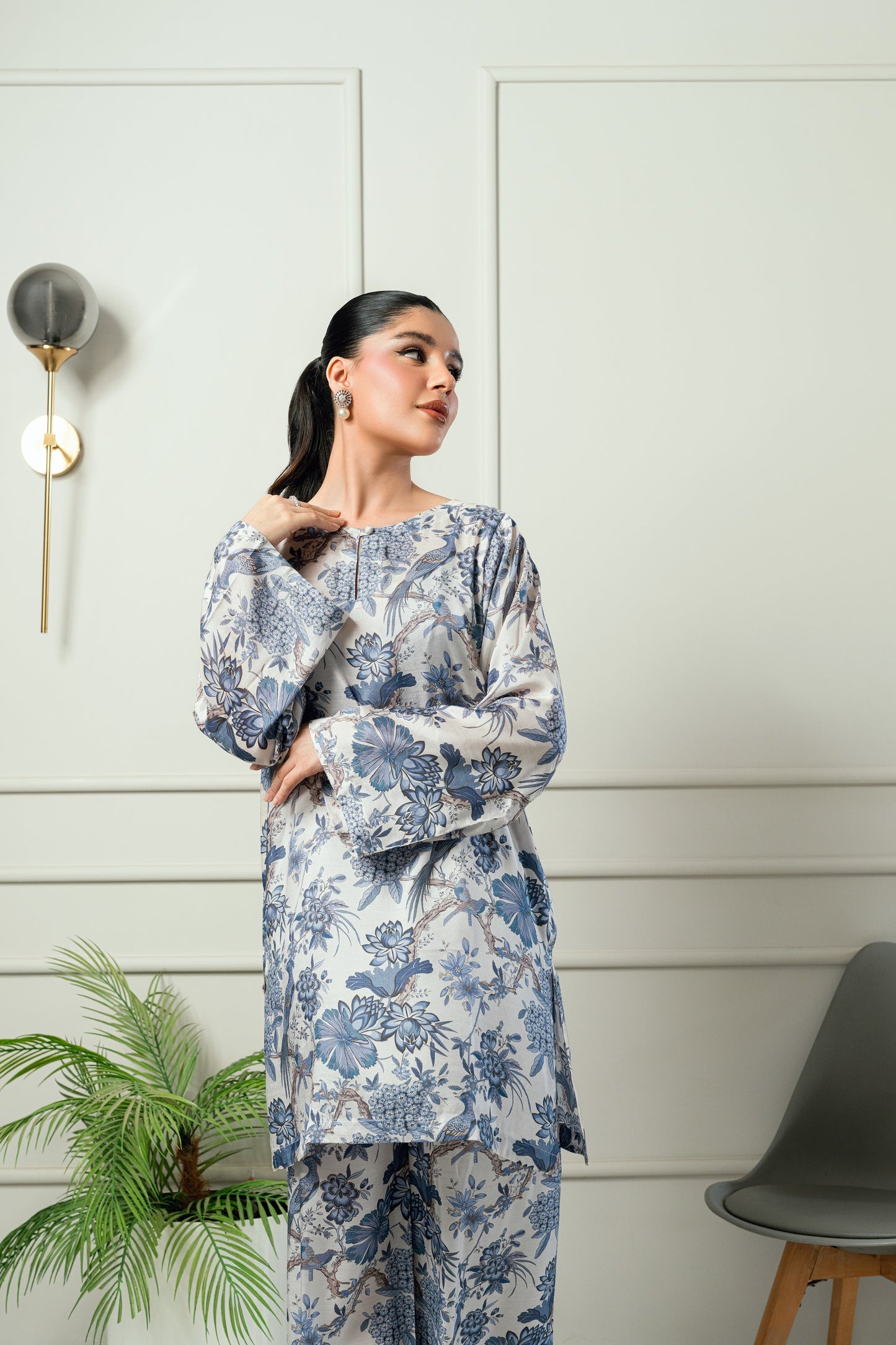 Blue Blossom- Ivory & powder blue printed 2 piece