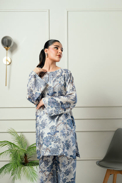 Blue Blossom- Ivory & powder blue printed 2 piece
