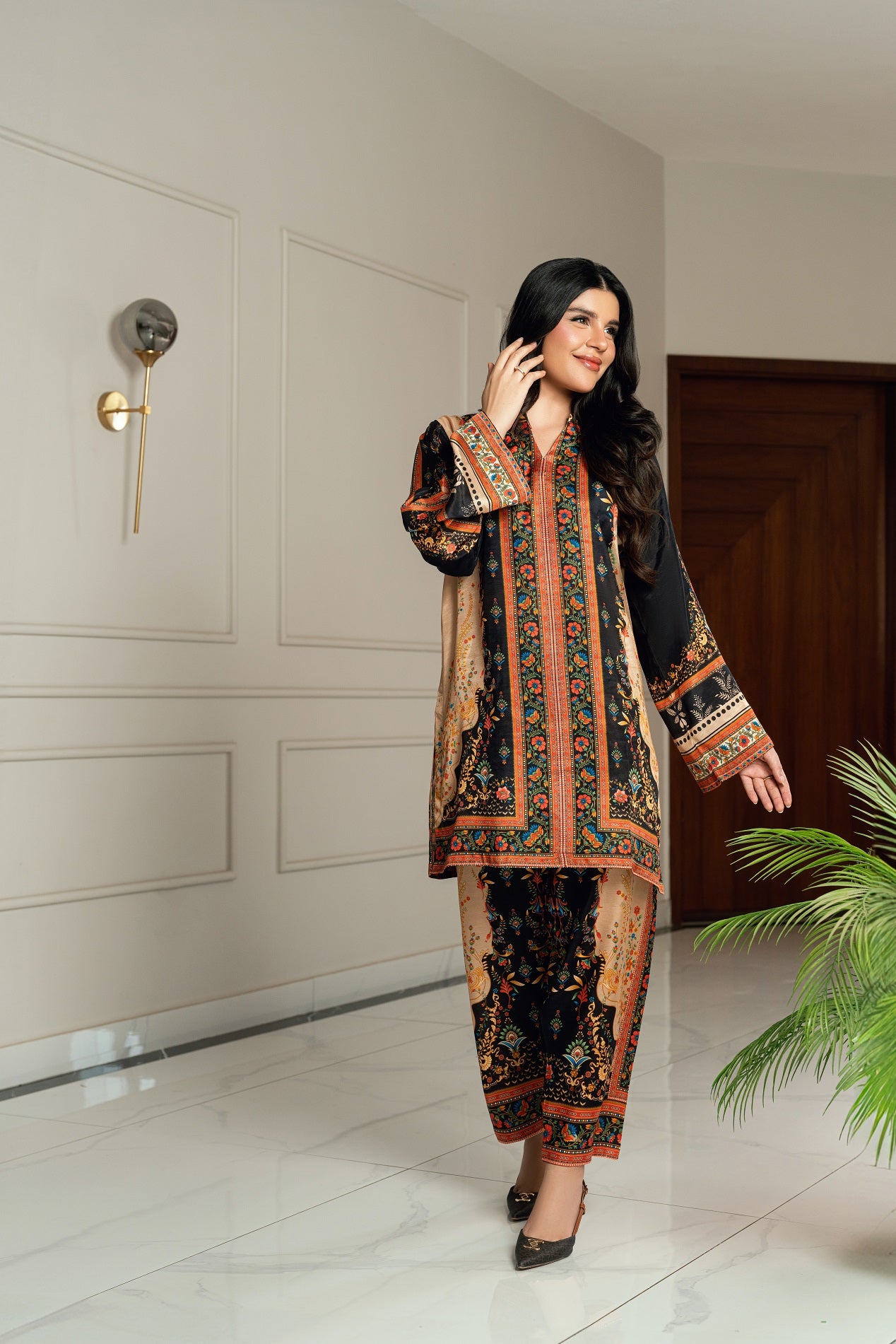 Dusky Charm – Black & Orange Printed 2-Piece