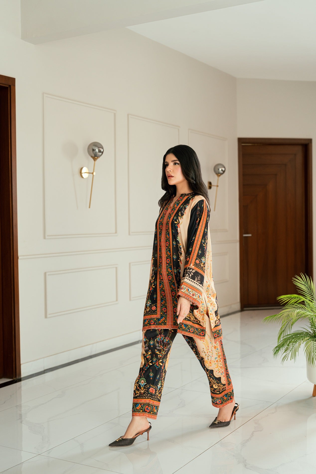 Dusky Charm – Black & Orange Printed 2-Piece