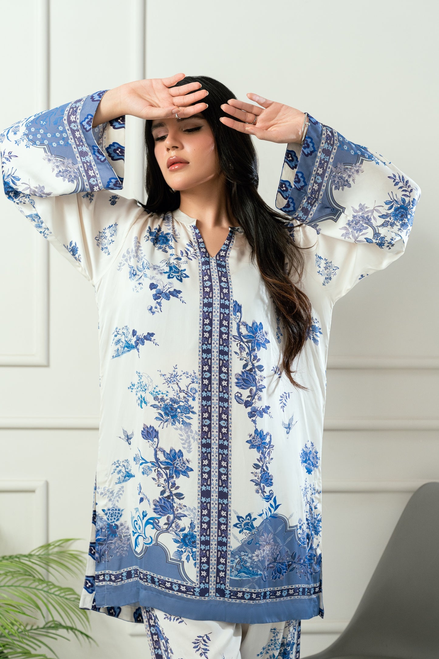 Ocean Bloom- Soft ivory & deep navy printed 2 piece