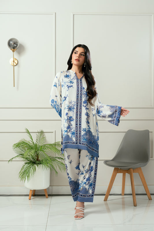 Ocean Bloom- Soft ivory & deep navy printed 2 piece