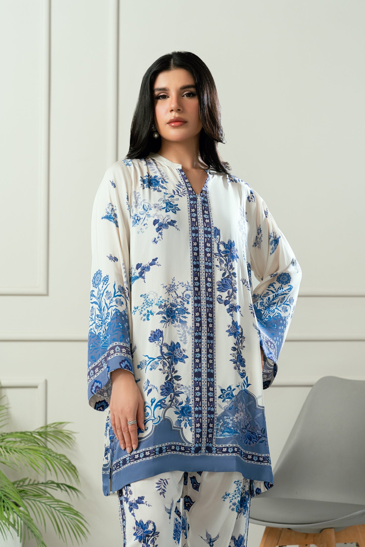 Ocean Bloom- Soft ivory & deep navy printed 2 piece