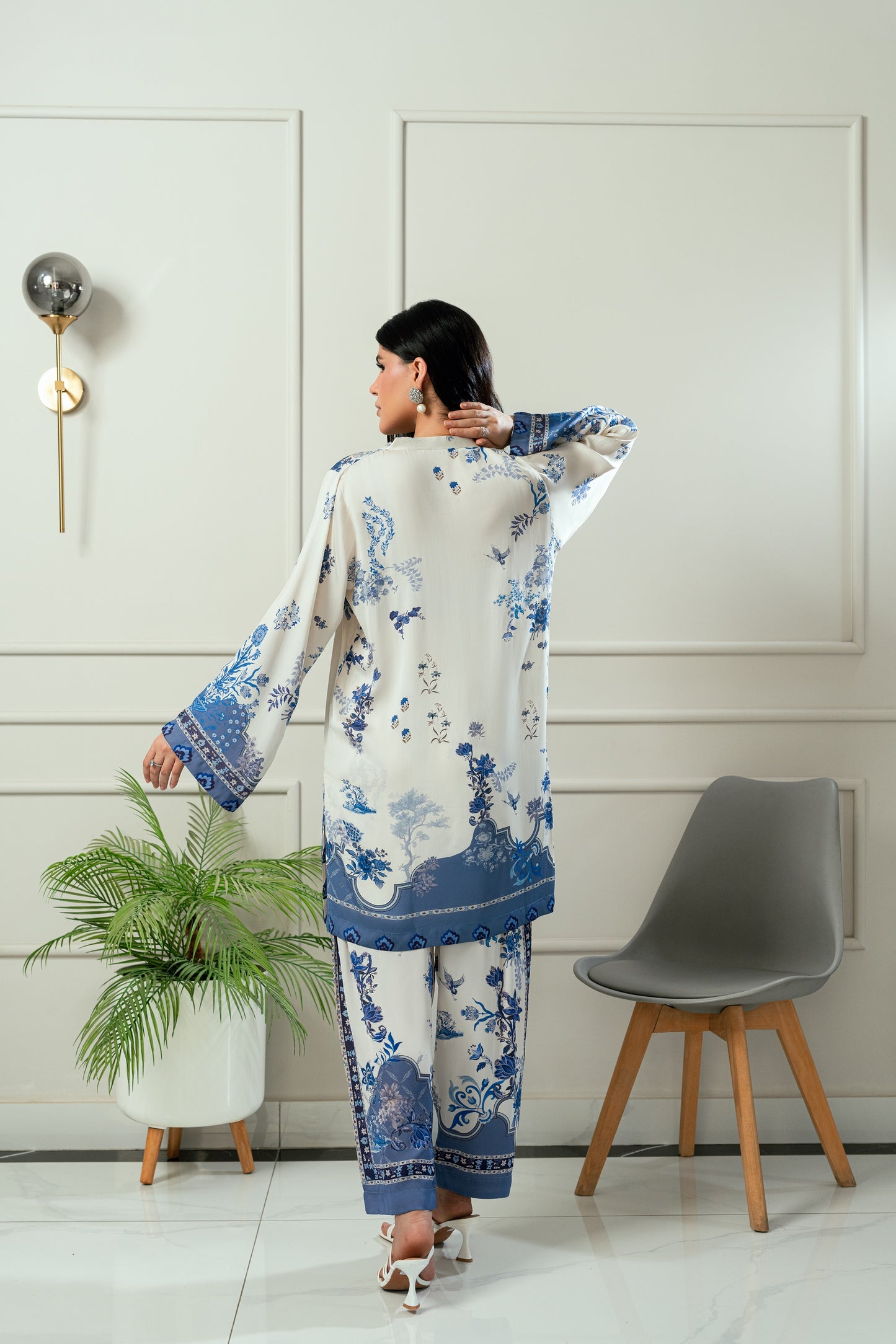 Ocean Bloom- Soft ivory & deep navy printed 2 piece