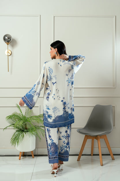 Ocean Bloom- Soft ivory & deep navy printed 2 piece