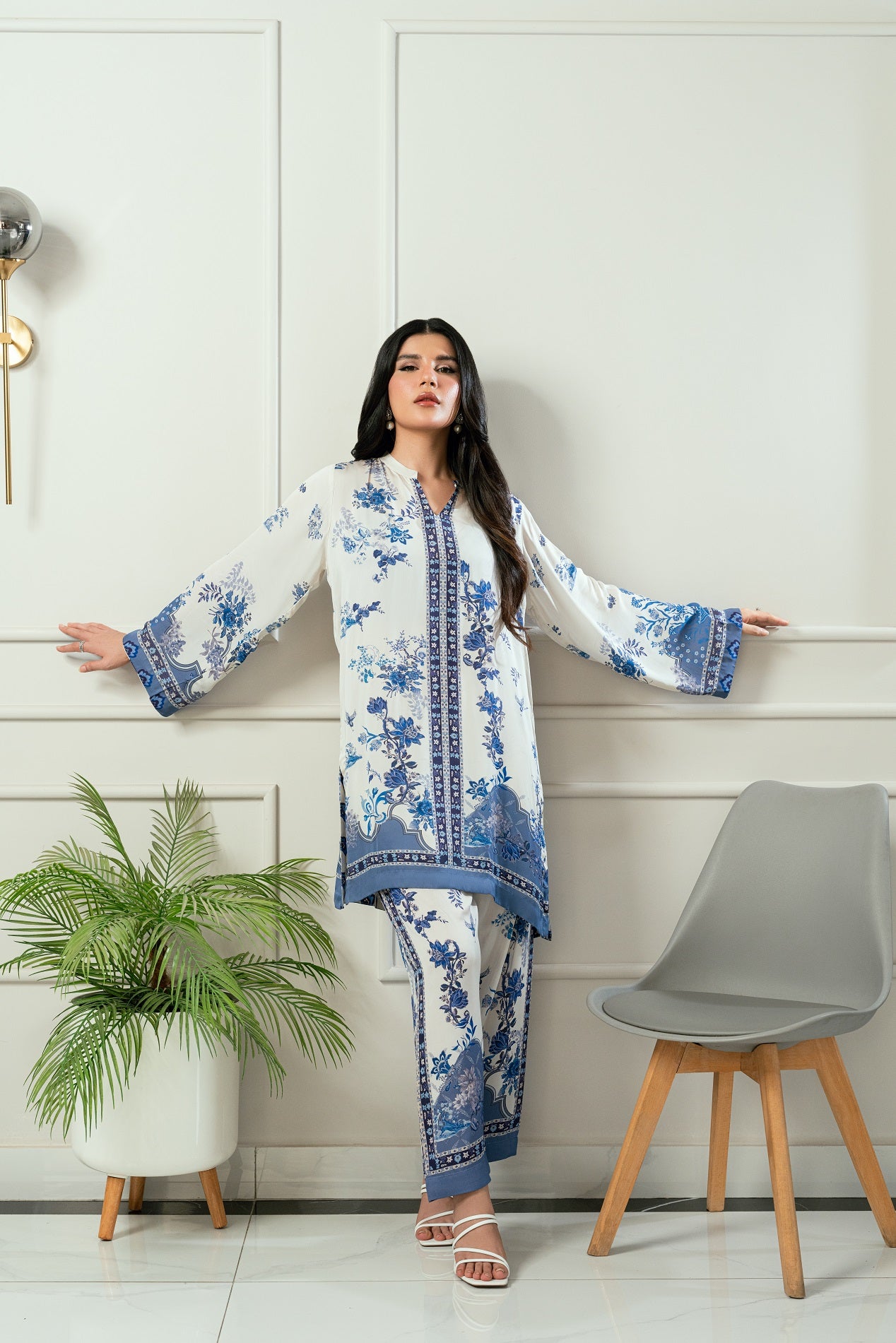 Ocean Bloom- Soft ivory & deep navy printed 2 piece